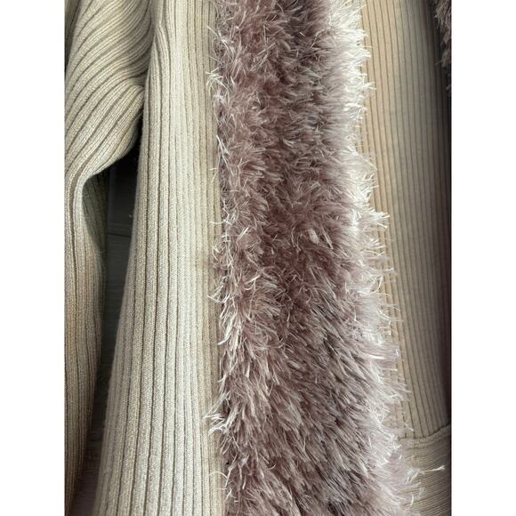 Cardigan Sweater Womens Tan Faux Fur Collar Open Front - Picture 2 of 5